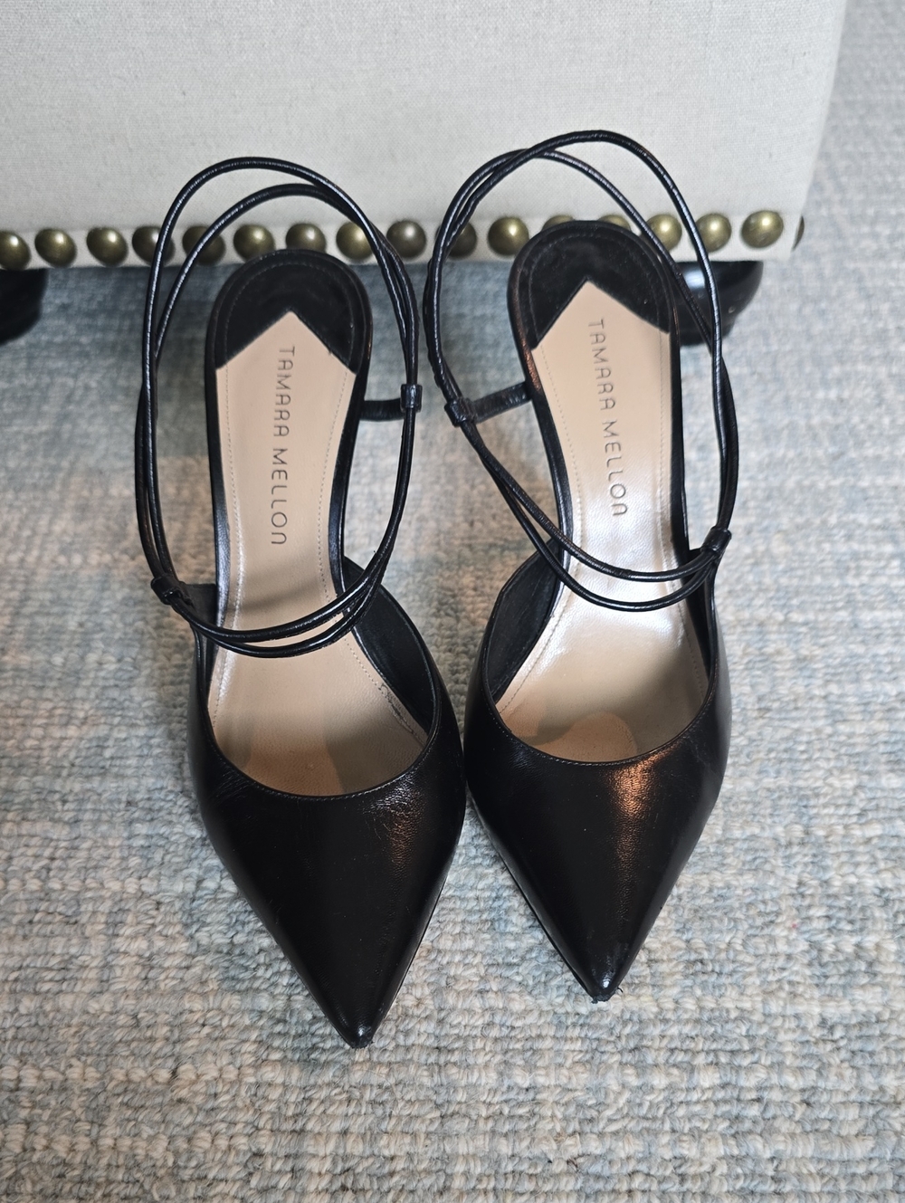 Tamara Mellon Black Leather Pointed Slingback Pumps with Double Straps